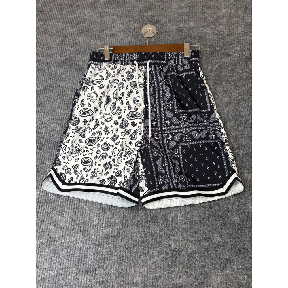 ROMWE Mens Bandana Paisley Mesh Basketball Shorts Black White Split Print Small